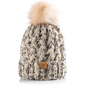 Women’s Mix oat Winter Ribbed Beanie Hat Chunky Cable Knit Pompom Warm